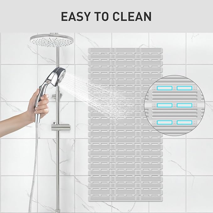 XIYUNTE Shower Mat Non Slip Bathtub Mat, 36 x 16 inches Rubber Bath Mat for Tub Non Slip Shower Mats for Inside Shower with Powerful Suction Cups and Drain Holes, Easy to Cut, Light Grey