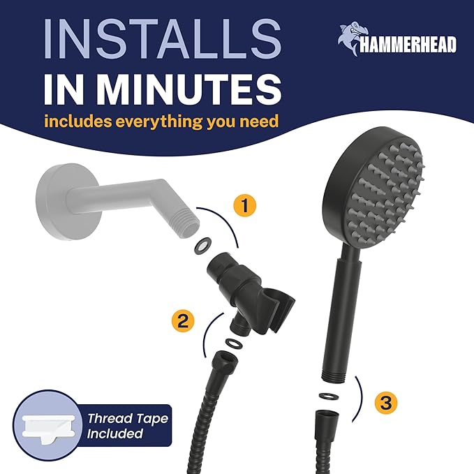 HammerHead Showers® Solid Metal LOW FLOW Handheld Shower Head with Hose and Brass Holder - MATTE BLACK – Water Saving 1.75 GPM Detachable Shower Head - Adjustable Shower Wand Bracket & 6ft Hose