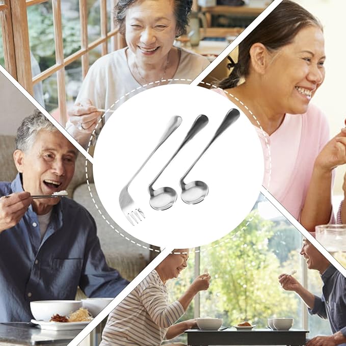 Right Handed Angled Feeding Utensils for Elderly Adults Curved Spoon and Fork Adaptive Tableware for S and Hand Tremors Assistance