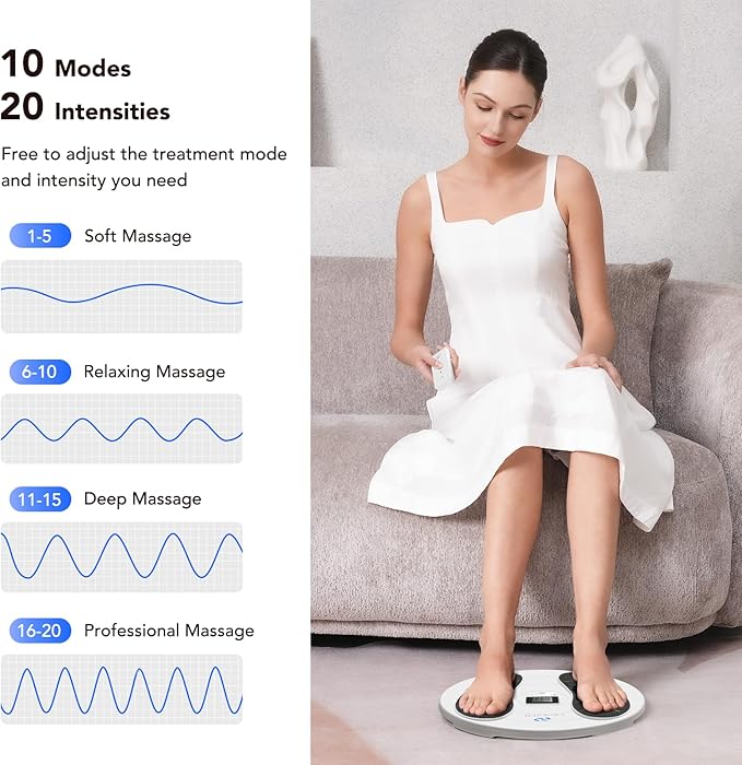 EaseZen Foot Massager for Neuropathy, TENS & EMS Foot Circulation Stimulator for Pain Relief, 10 Modes and 20 Intensities, Relieve Swelling, Cramps, RLS & Plantar Fasciitis - Gifts for Mom Dad