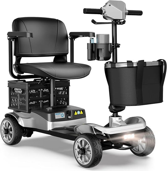 4-Wheel Mobility Scooter for Adults – Foldable Portable Motorized Scooters with 330lbs Capacity, Detachable Battery, Dual Baskets, Cup & Phone Holder, Silver