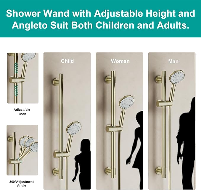 Shower Slide Bar Handheld Shower Head with Hose, 5-Function Hand Shower with Wall Mount，shower slide bar,adjustable height shower head (A-round, Brushed Gold)