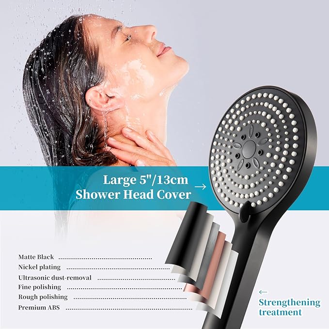 OFFO Handheld Shower Head Set, 6-Mode High Pressure Handheld Sprayer with 60 in Stainless Steel Shower Hose, High Flow Large Powerful Boosting Handheld Showerhead for Low Water Pressure, Matte Black