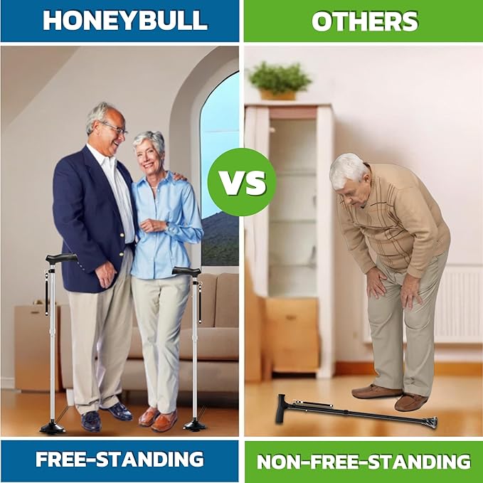 HONEYBULL Walking Cane for Men & Women Foldable, Adjustable, Heavy Duty, Free Standing, All Terrain, Collapsible Walking Sticks for Seniors & Adults