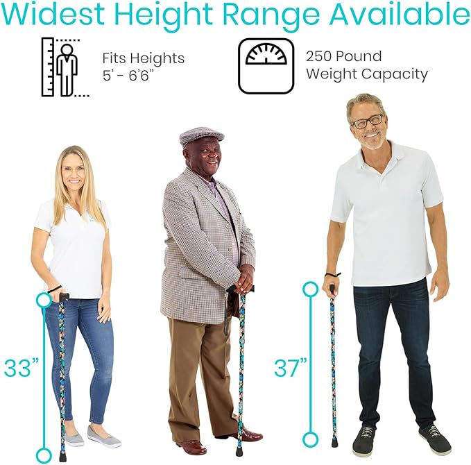Vive Folding Cane - Foldable Walking Cane for Men, Women - Fold-up, Collapsible, Lightweight, Adjustable, Portable Hand Walking Stick - Balancing Mobility Aid - Sleek, Comfortable (Neon Flower)