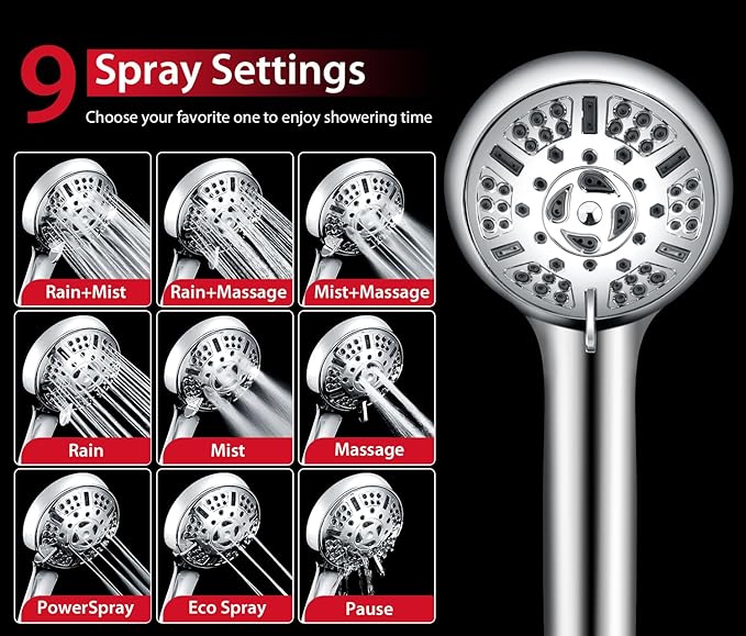 GRICH 1.8GPM Shower Head with Handheld Spray Combo: 2 in 1 Rainfall Shower Heads high pressure & Handheld Shower Head, 9 Spray Modes/Settings Detachable Shower Head with 60 Inch Hose, Chrome