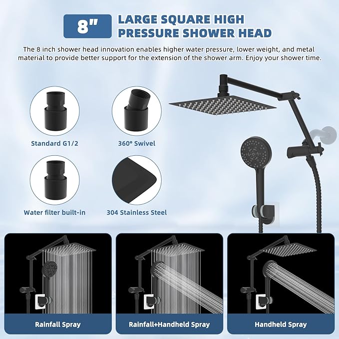 All Metal Rain Shower Head with Handheld Spray Combo, 8” High Pressure Rainfall Shower Head with 16" Shower Extension Arm, 10-Spray Handheld Showerhead Powerful Wash, Brass 3-Way Diverter, MatteBlack