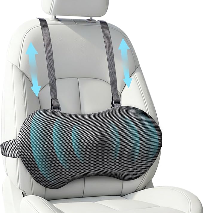 YFONG Lumbar Support Pillow for Car & Office Chair, Memory Foam Back Cushion with Adjustable Straps Non-Slip, Firm Support for Lower Back Pain Relief, Grey