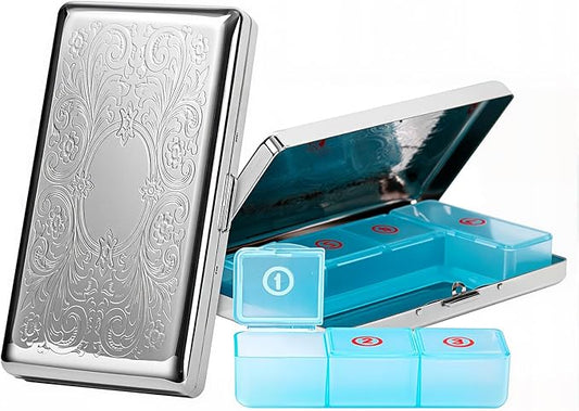 Pill Organizer with 3 Compartments 7 Day Metal Pill Box for Fish Oil/Food Supplements Travel Pill Box. (Rectangle-Silver, Large Rectangle)