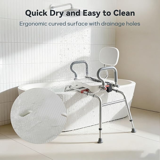 Sliding Shower Chair with Swivel Seat for Tub – 450lbs Bariatric 360° Rotating Bathtub Transfer Bench Inside Shower, Adjustable Height & Width Bath Chairs for Adults Seniors Elderly and Disabled