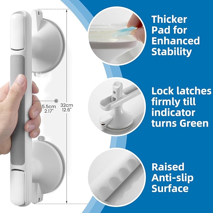 Grab Bar for Bathtubs and Showers, Zynuhmo 12 Inch Suction Cup Safety Grab Bar with 1PCS Bath Ball No Drilling Suction Shower Handrails for Seniors Elderly Kids Bathroom Assist Support(1Pack, Gray)