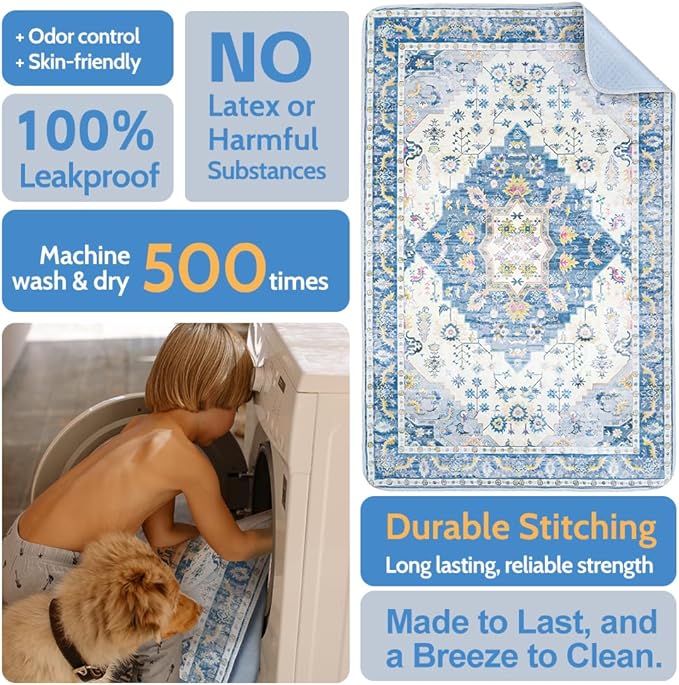 Blue Waterproof Washable Pee Pads for Dogs - Reusable, Super Absorbent, Non-Slip Potty Pads - 60"x48" - 2 Pack