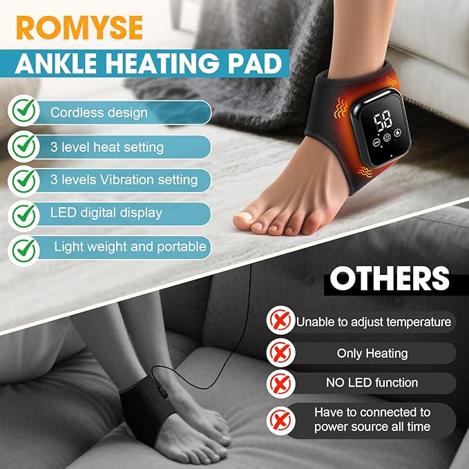 Ankle Heating Pad, Cordless Ankle Massager with Heat, Heated Wraps for Foot, 3 Heat & Vibration Settings, Auto Shut-Off, Gifts for Women Men