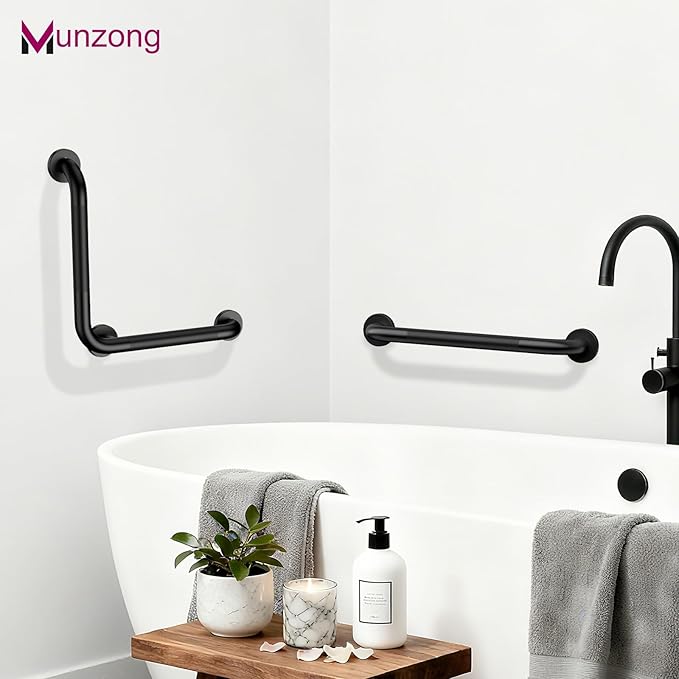 16 Inch L-Shaped Black Bathroom Grab Bars with 20 Inch Straight Munzong Toilet Handicap Grab Rail,Anti Slip Stainless Steel Knurled Safety Handle Support Elderly Injury Senior