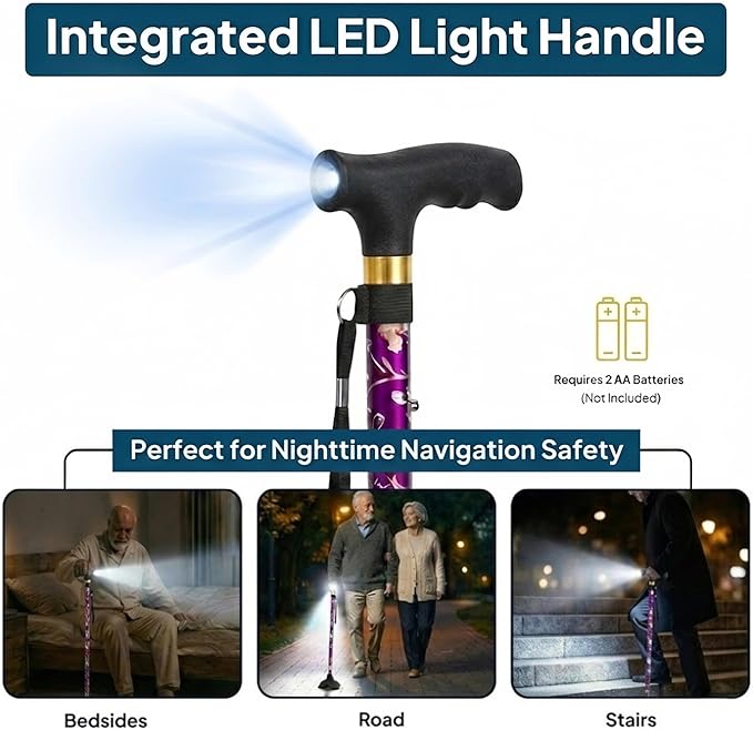 Walking Cane with LED Light, Foldable,Adjustable, Self Standing Walking Canes for Men & Women,Walking Sticks with Quad Base for Seniors & Adults
