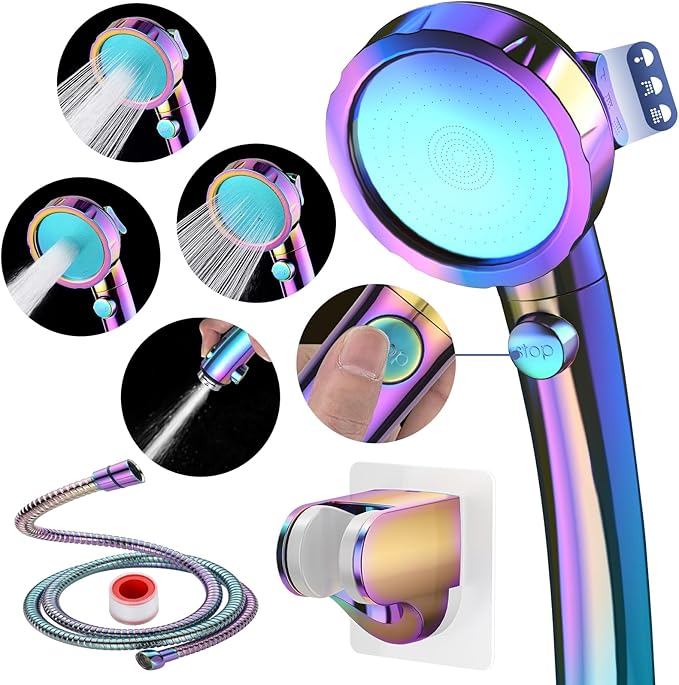 HANLIAN High Pressure Shower Head with Pause Button, 3 Spray Modes Shower Head for RV Camper, Water Saving On Off Shower, Handheld Shower Head with Hose and Holder (Radiant Rainbow)