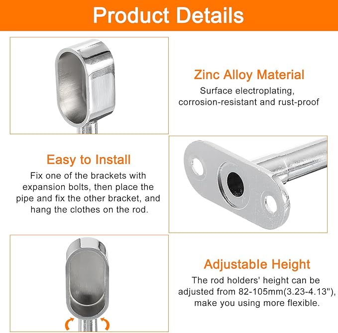 uxcell 2 Pcs 1.22 x 0.63 Closet Rod Support Bracket, Rod Holder Wardrobe Accessories Clothes Rail Seat for Bedroom Bathroom, Silver