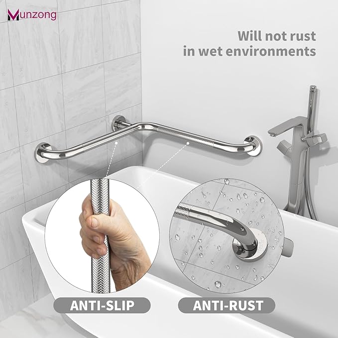 Angled Shower Grab Bar, Munzong Anti Slip Chrome Bathroom Grab Bar, L-Shaped Knurled Balance Bar, Safety Hand Rail Support Handicap Elderly Injury Senior Assist Bath Handle