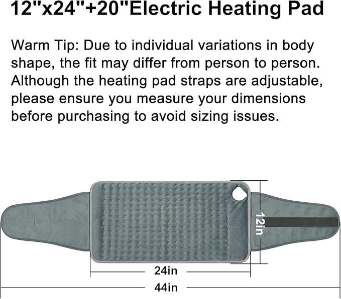 IGXHAVIZ Heating Pad for Back Pain Relief, Electric Heating Pad for Period Cramps Neck Shoulders with Belt, 4 Timer 6 Heat Setting & Auto Shut Off, 12"x24"+20" Large Moist Heat Pad for Mom,Dad