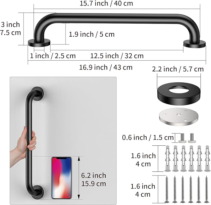16 Inch Matte Black Shower Grab Bar-1" Diameter, iMomwee Stainless Steel Elderly Safety Bars, Bathroom Shower Balance Bar, Wall Handrail Support, Handicap Senior Disabled Pregnant Assist Bath Handle