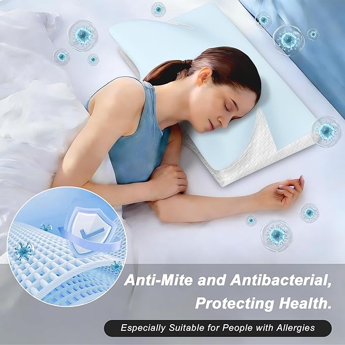 Cervical Pillow for Neck Pain Relief - Cooling Ergonomic Memory Foam Pillow with Arm Rest Slot & Ice Silk Pillowcase, Dual-Height Orthopedic Support Contour Pillow for Side, Back, Stomach Sleepers