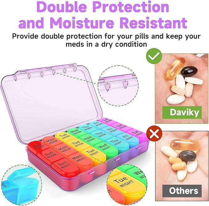 Daviky Weekly Pill Organizer 3 Times a Day, Travel Pill Organizer 3X a Day, Pill Box 7 Day, Daily Pill Box Organizer, Pill Cases Organizers 7 Day, Medicine Organizer to Hold Vitamins and Medication
