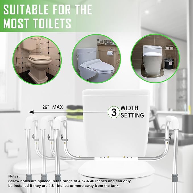 Toilet Safety Rail for Seniors with 2 Reinforced Nuts, Height & Width Adjustable Toilet Safety Frame for Elderly, Handicap & Disabled Bathroom Assist Rail with Armrests 250 LB (White)