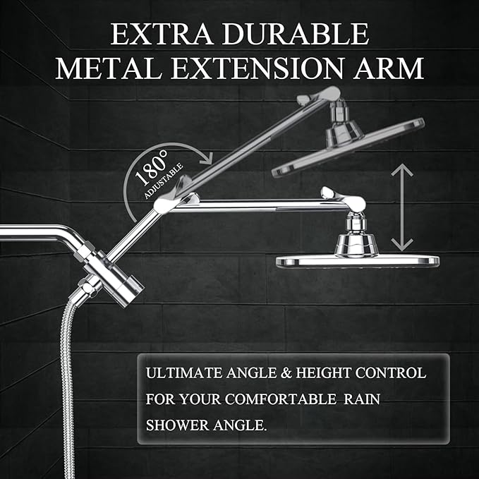 Veken Wide High Pressure Rain Shower Head with Handheld, Handheld Shower Heads with Multi Spray Modes, Rainfall Combo with 15" Metal Extension Arm,Detachable Dual Shower, Bathroom Decor,Chrome Silver