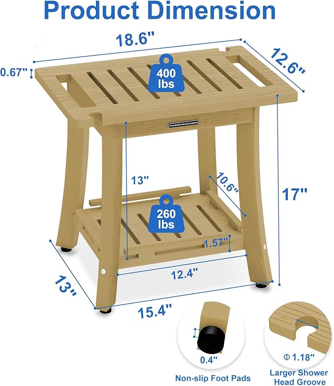 KingPavonini HDPS Shower Benches for Inside Shower to Sit on, Waterproof Shower Stool for Shaving Legs, Heavy Duty 400LBS Shower Seat with Storage Shelf, Shower Chair for Bathroom/Indoor/Outdoor Use