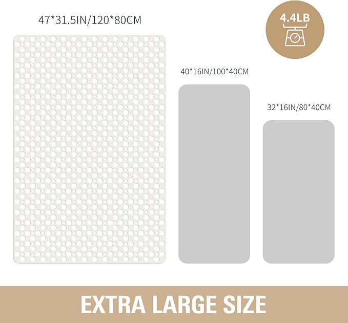 OTHWAY Large Shower Mat, 47"x 32" TPE Anti Slip Shower Mat, Heavy Bath Mats for Shower with Drain Holes Suction Cups, Shower Stall Mat for Bathroom, No Odor Shower Grip Mat for Elderly Kids(W-White)