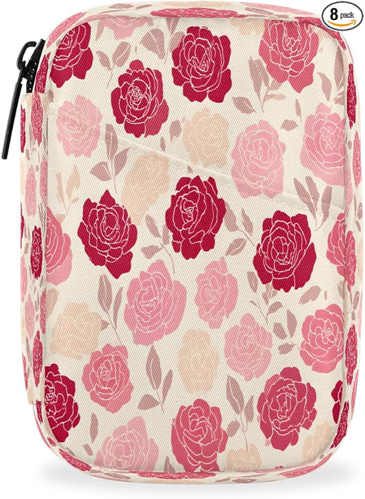 Weekly Travel Pill Organizer Case for Purse with Removable 7 Day Box Portable Compact Size Pill Box Fashionable Pill Container for Medicine Vitamin Supplement Rose Pink Flower