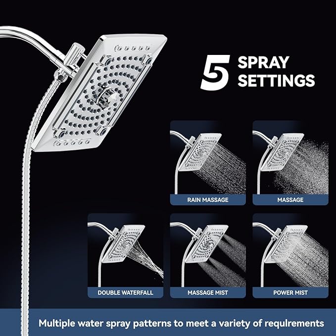 ELLO&ALLO Rain Shower Head with Handheld Spray, Rainfall Shower Head Combo with 60" Hose, Adjustable Dual Showerhead Set with 3-Way Diverter, Chrome