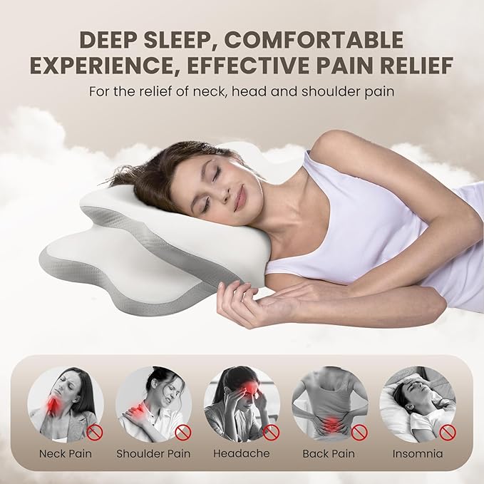 JINXIA Cervical Neck Pillow for Sleeping, Odorless Memory Foam Pillows & Soft Silk Cover, Ergonomic Orthopedic Pillow for Side Back Stomach Sleepers, Neck and Shoulder Pain Relief, White and Gray