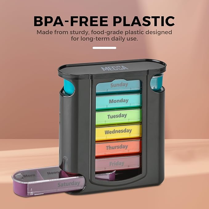 Weekly Pill Organizer, 1 Dispenser, 7 Stackable Compartments Four Times-a-Day - Morning, Noon, Evening, and Bedtime, Black (Case of 40)