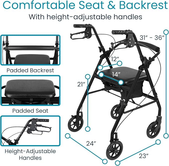 Vive Ultra Lightweight Rollator Walker with Seat - Foldable, Narrow, Rolling Senior Walker for Small Spaces - 4 Wheel Aluminum Adult Easy Drive Aid with Underseat Accessory
