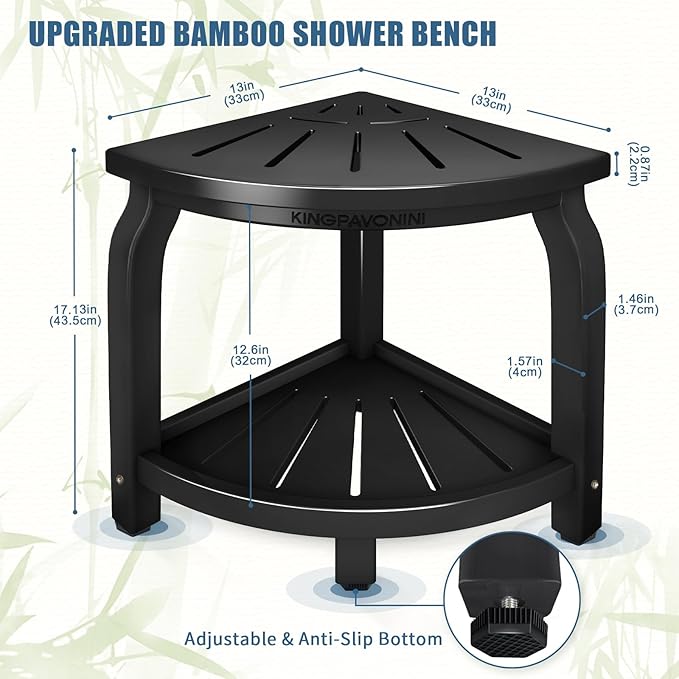 KingPavonini Bamboo Corner Shower Stool for Shaving Legs Foot Rest, Waterproof Bath Bench Seat with Storage Shelf for Bathroom Inside Shower, Hold Up to 450Lbs