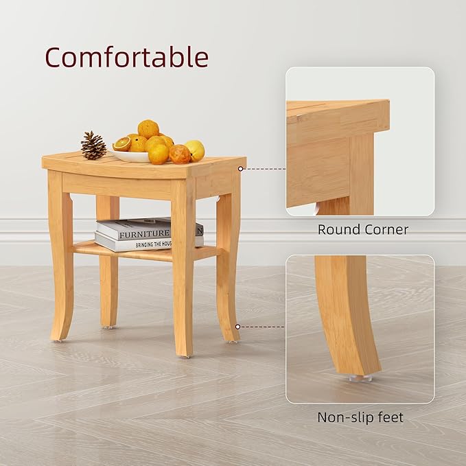 Bamboo Shower Bench, Spa Small Shower Stool for Inside Shower Waterproof, Bathroom Bench Seat with Storage Shelf for Adults Elderly Seniors, Wood Chair for Indoor or Outdoor Use, Natural