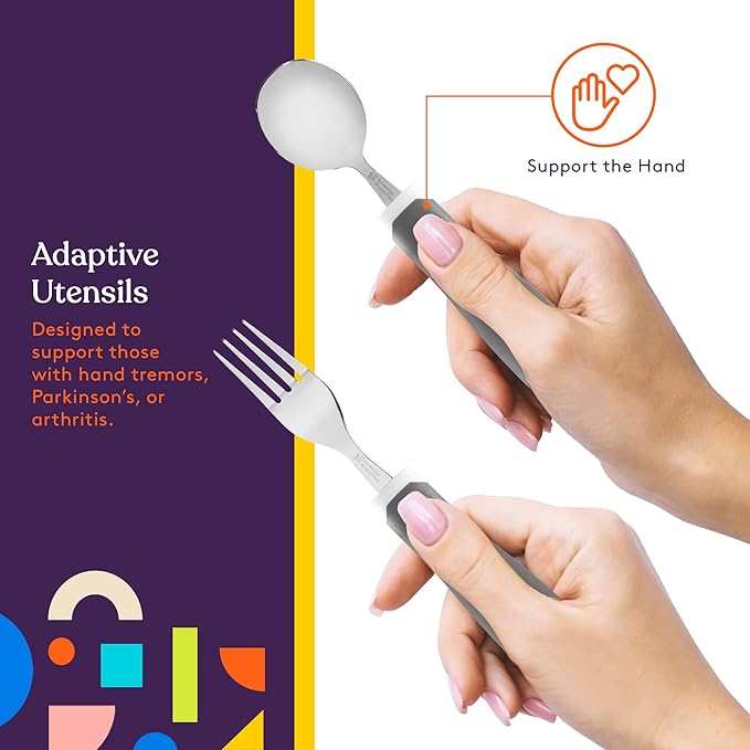 Special Supplies Adaptive Utensils 5-Piece Set Non-Weighted, Non-Slip Handles for Hand Tremors, Arthritis, Parkinson’s or Elderly Use - Stainless Steel Knife, Rocker Knife, Fork, Spoons (Grey)