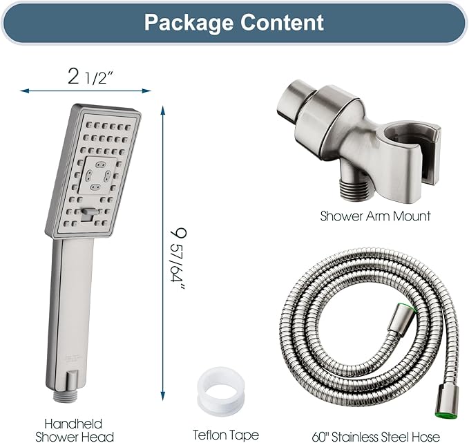 BRIGHT SHOWERS High Pressure Handheld Shower Head Set, High Flow Hand Held Showerhead with 60" Long Stainless Steel Hose and Adjustable Wall Bracket, 3 Spray Setting Shower Wand, Brushed Nickel