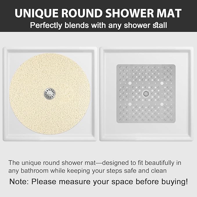 Non Slip Shower Mat: 32x32 inch Round Shower Mats for Inside Shower with Central Drain Hole, Soft Loofah Shower Floor Mat for Standing Shower Stall, RV, Tile Fiberglass Shower Pan, Quick Dry