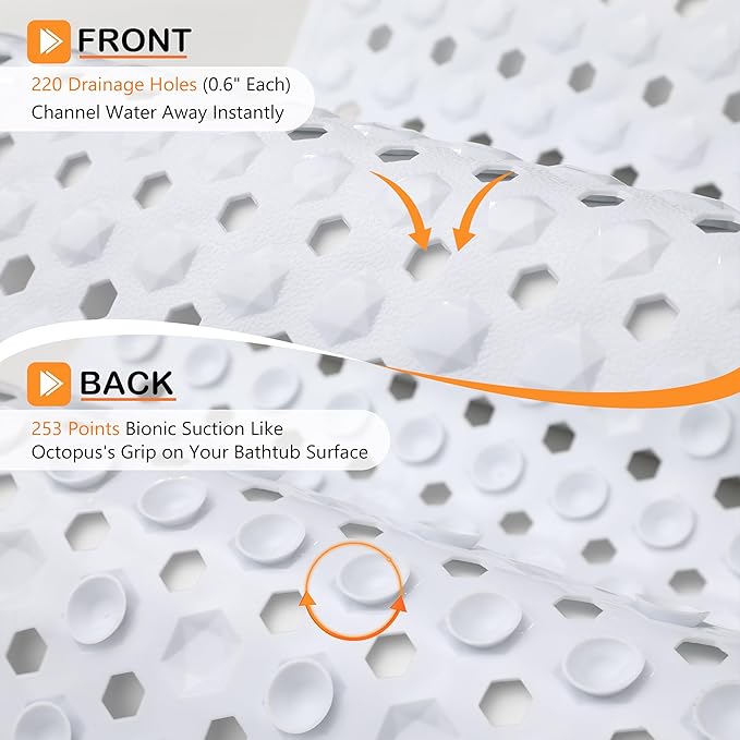 Yimobra Bath Tub Mat Non Slip, 34.5"x15.5" Long Shower Mat, Machine Washable Bathmat with Drain Holes and Suction Cups, Soft on Feet, Bathroom Essentials, White