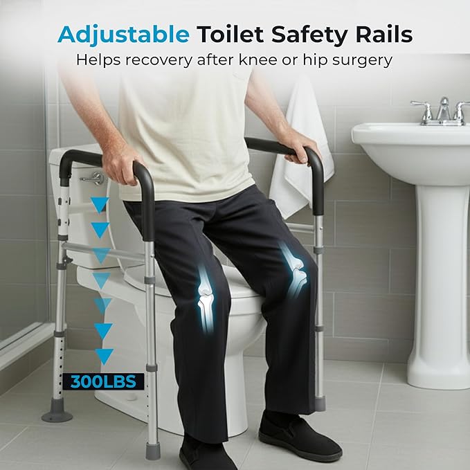 Toilet Safety Rails with Handles – Adjustable Toilet Safety Frame for Seniors, Handicap & Disabled, Toilet Assistance for Elderly, Heavy-Duty Anti-Slip Support - Fits All Toilets (Black)
