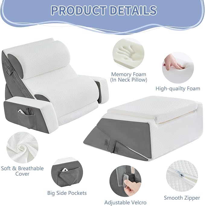 Yojoker 9PCS Orthopedic Bed Wedge Pillow Set for Sleeping, Back and Leg Pain Relief, Post Surgery Foam Pillow for Body, Triangle Adjustable Support Pillow - Acid Reflux Sleeping Pillows Grey