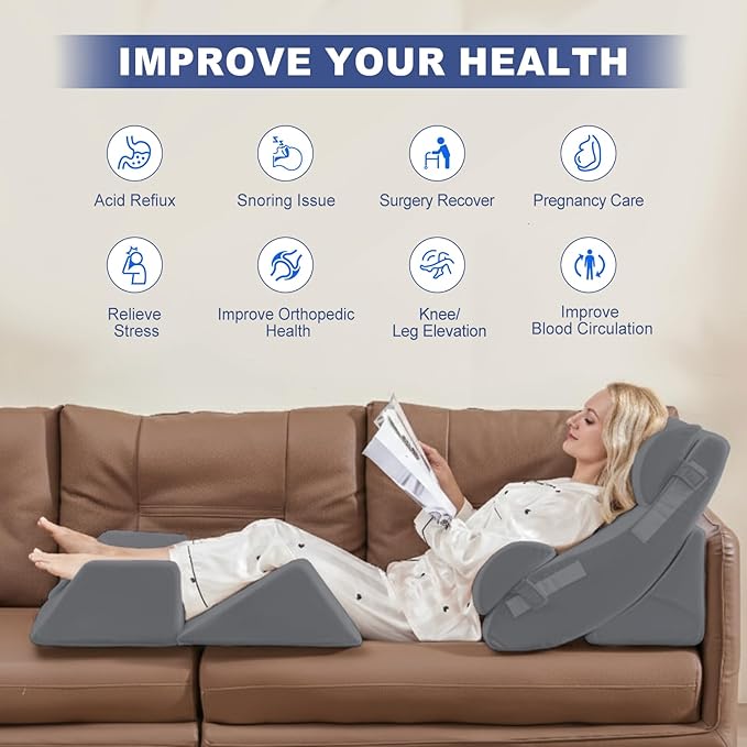 WSOFRLAC 6PCS Multi-Functional Bed Wedge Pillow Kit - 7-in-1 Orthopedic Support for Back/Neck/Legs, Post Surgery Recovery & Sitting Up in Bed, Post Surgery Foam for Body, Grey