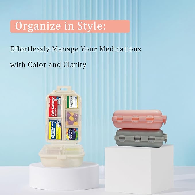 Pill Organizer with Medicine Labels 146 Labels Travel Daily Pill Container Mini Medication Organizer Storage Pill Organizer Travel Essentials Pill Case 7 Day (Grey, 1 Pack-Large)