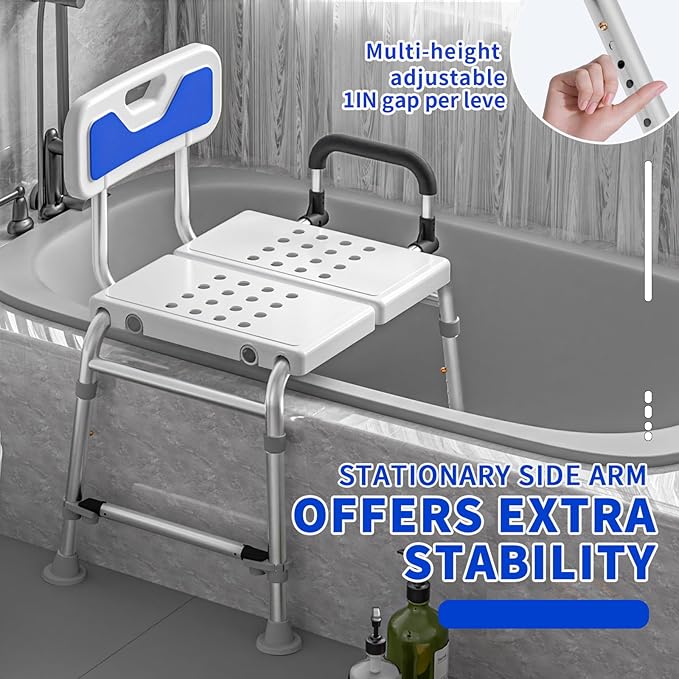 Heavy Duty Width Adjustable Bath Tub Transfer Shower Bench for Inside Tub Extended Shower Chair with Adjustable Height and Reversible Backrest Handicap Shower Chair Seat for Elderly and Disabled