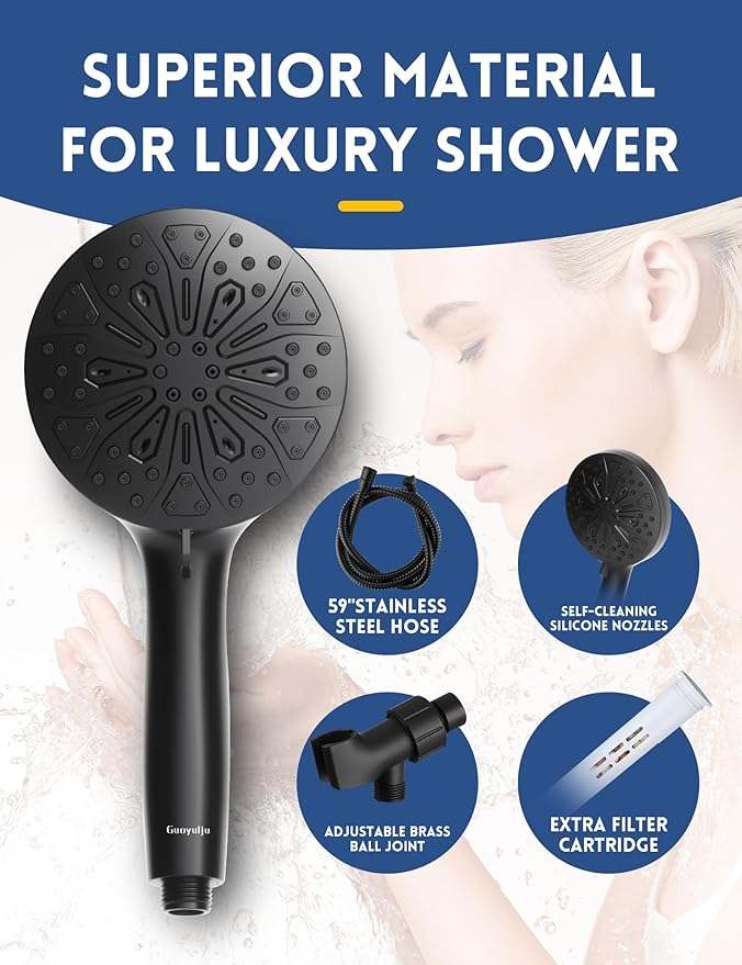 Black Filtered Shower Head with Handheld – GUOYULJU High Pressure Showerhead for Hard Water, 10 Spray Modes, Water Softener Filter, CUPC & WaterSense Certified Filters, Black