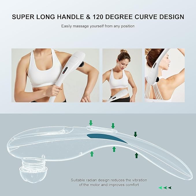 MEGAWISE Cordless Handheld Back Massager w/Rechargeable 3200mAh Battery, 5 Speed and 5 +2 Massage Nodes with Hard, Medium and 2 Soft Silicone Nodes; Massage While Moving Around (White)