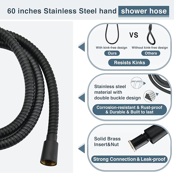 BRIGHT SHOWERS High Pressure Handheld Shower Head Set, High Flow Hand Held Showerhead with 60" Long Stainless Steel Hose and Adjustable Wall Bracket, 3 Spray Setting Shower Wand, Matte Black
