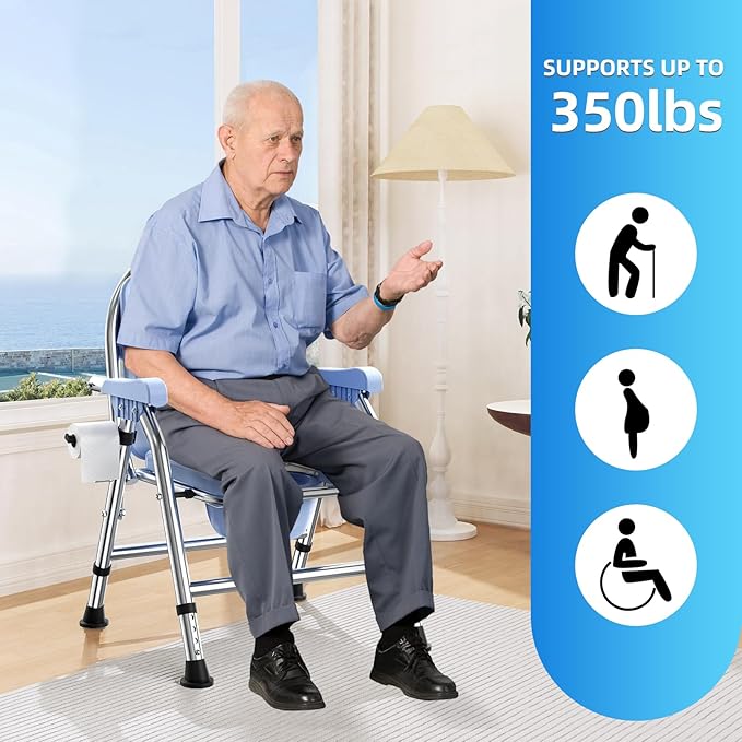 4 in 1 Folding Bedside Commode Chair for Elderly with Arms and Back,Adjustable Height Raised Toilet Seat with Handles,Adults Potty Chair for Seniors,Disabled,Holds Up to 350 lb (ABS Plastic Seat)